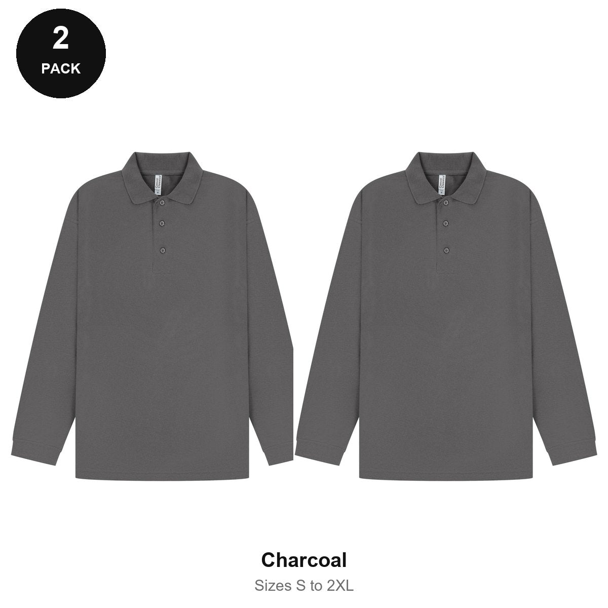 Long Sleeve Polo Shirts 2 Pack - 65% polyester / 35% cotton pique 200gsm, Sizes S-2XL - Charcoal