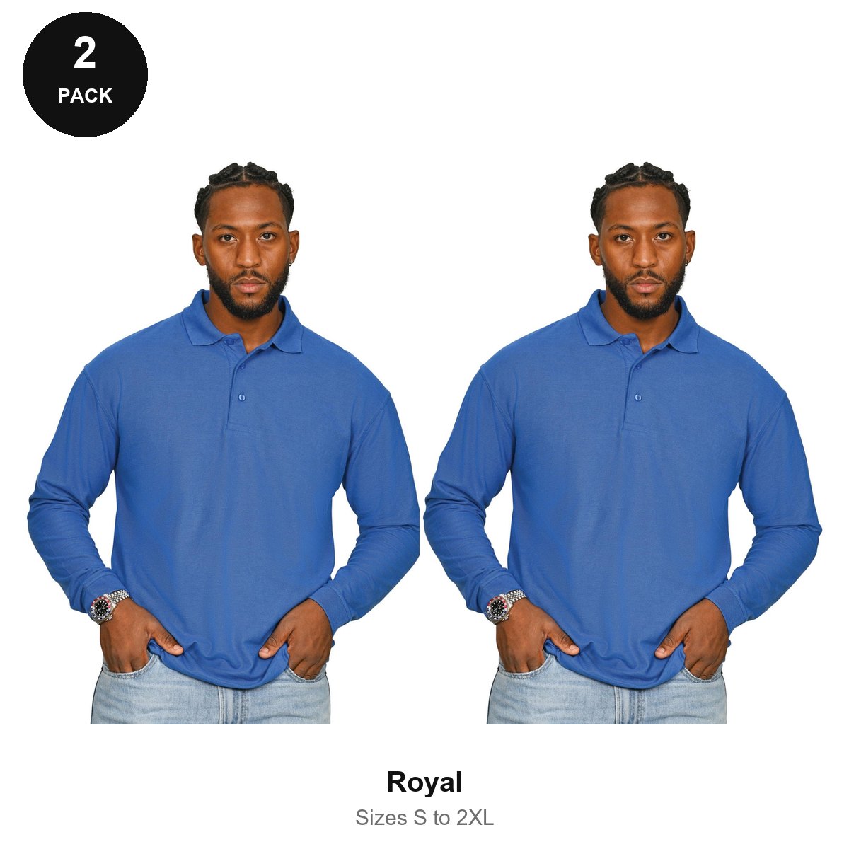 Long Sleeve Polo Shirts 2 Pack - 65% polyester / 35% cotton pique 200gsm, Sizes S-2XL - Royal