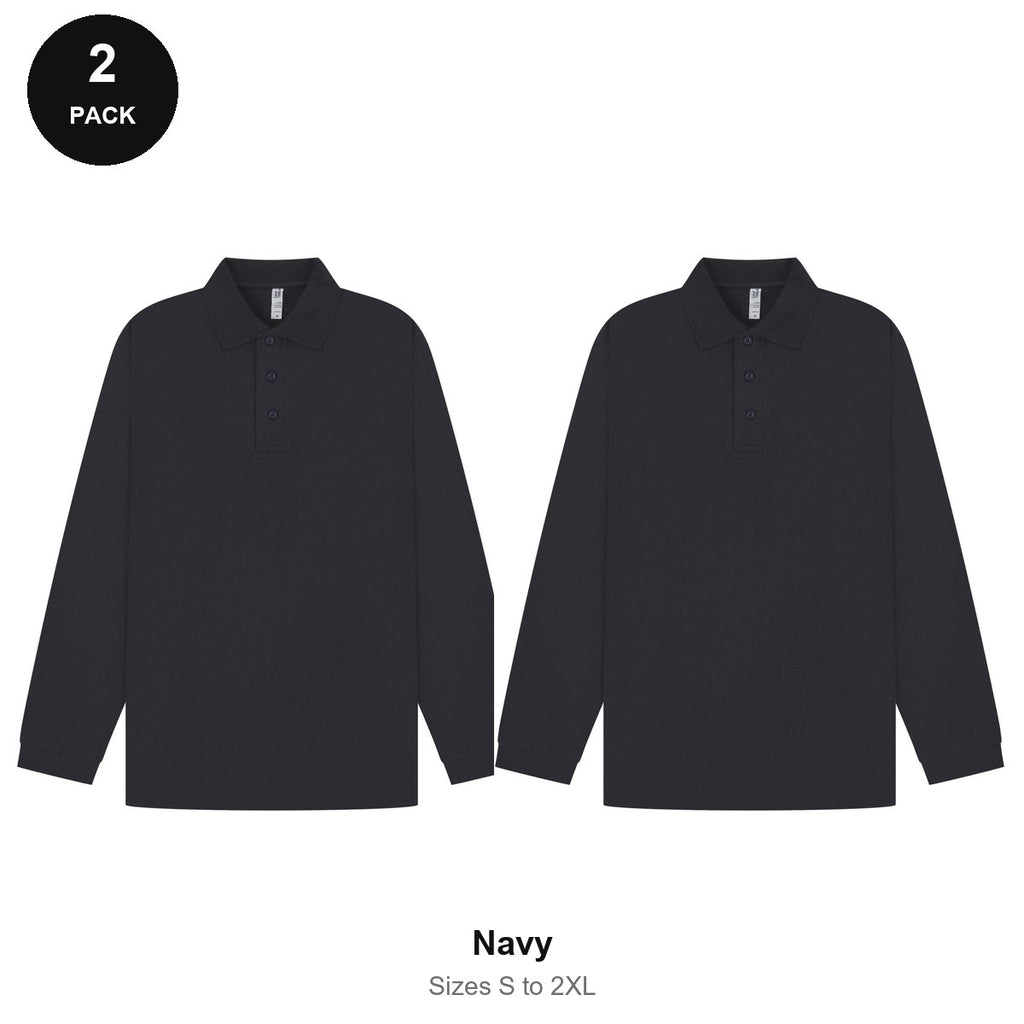 Long Sleeve Polo Shirts 2 Pack - 65% polyester / 35% cotton pique 200gsm, Sizes S-2XL - Navy