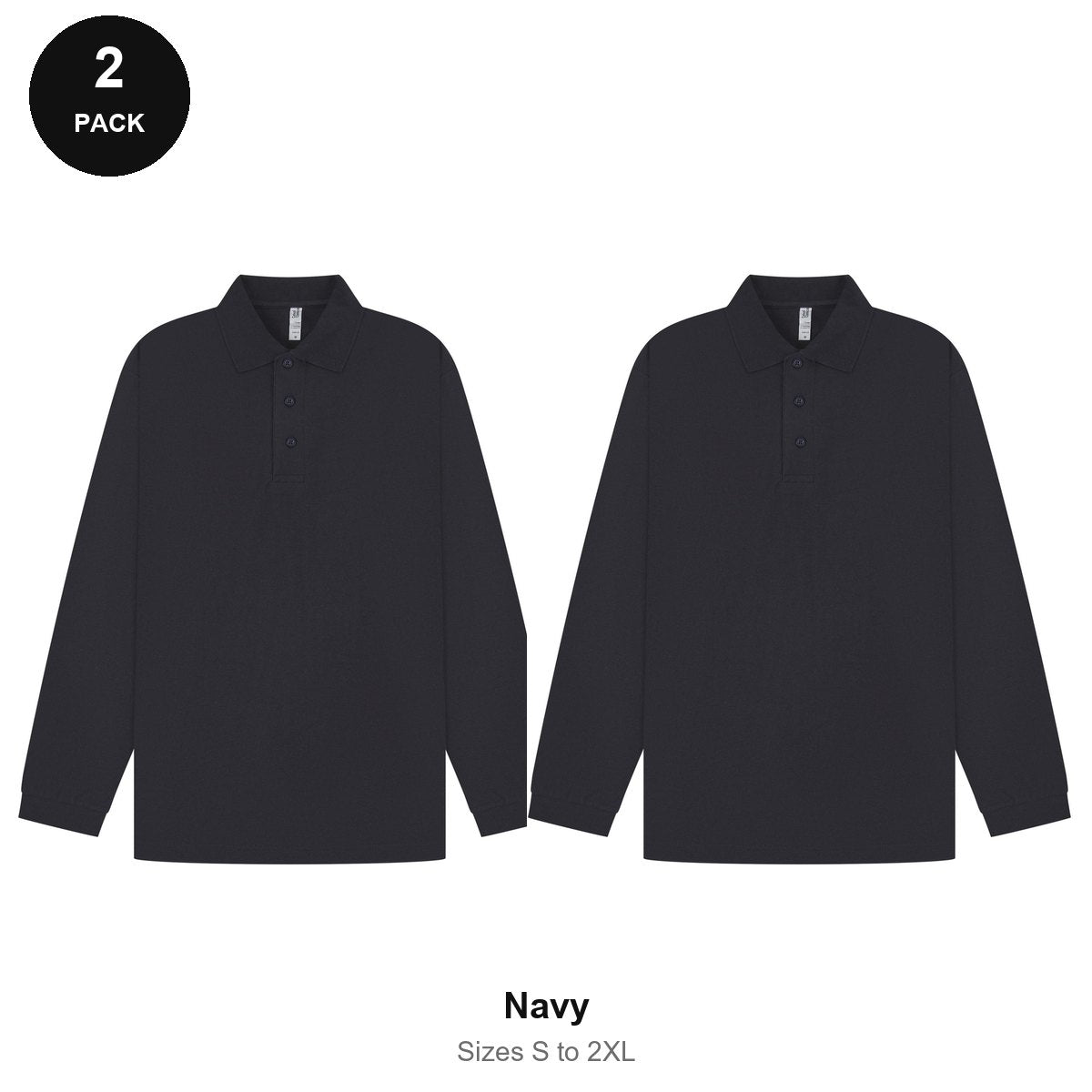 Long Sleeve Polo Shirts 2 Pack - 65% polyester / 35% cotton pique 200gsm, Sizes S-2XL - Navy