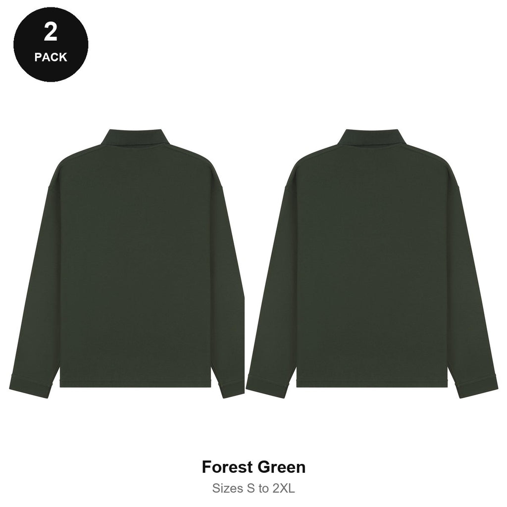 Long Sleeve Polo Shirts 2 Pack - 65% polyester / 35% cotton pique 200gsm, Sizes S-2XL - Forest Green