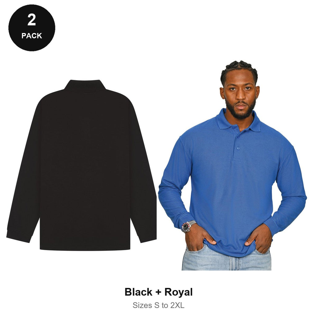 Long Sleeve Polo Shirts 2 Pack - 65% polyester / 35% cotton pique 200gsm, Sizes S-2XL - Black + Royal