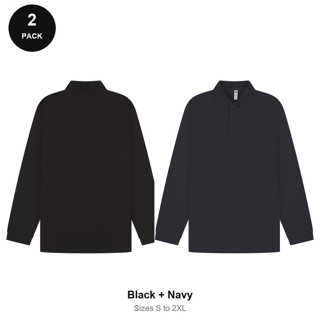 Long Sleeve Polo Shirts 2 Pack - 65% polyester / 35% cotton pique 200gsm, Sizes S-2XL - Black + Navy