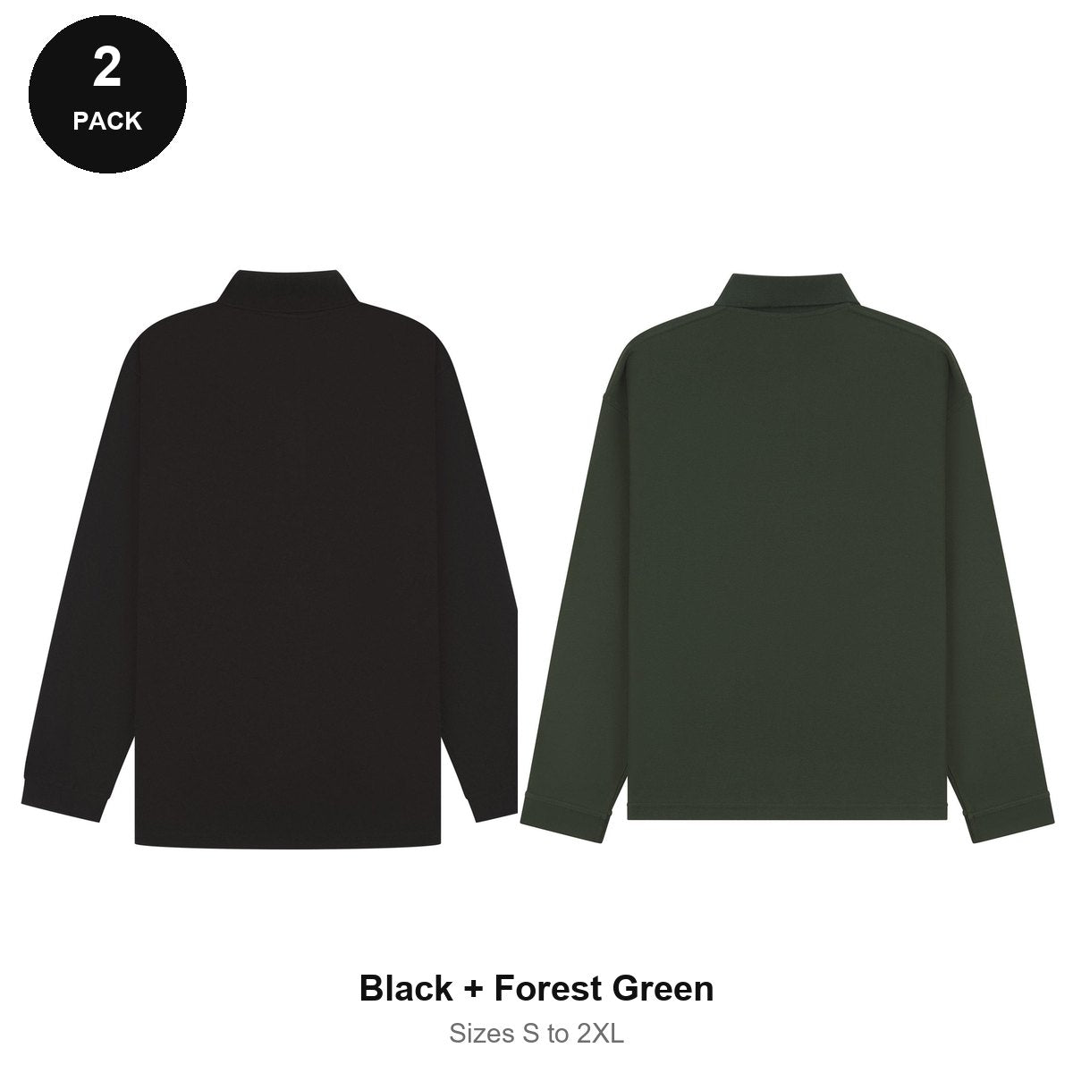 Long Sleeve Polo Shirts 2 Pack - 65% polyester / 35% cotton pique 200gsm, Sizes S-2XL - Black + Forest Green