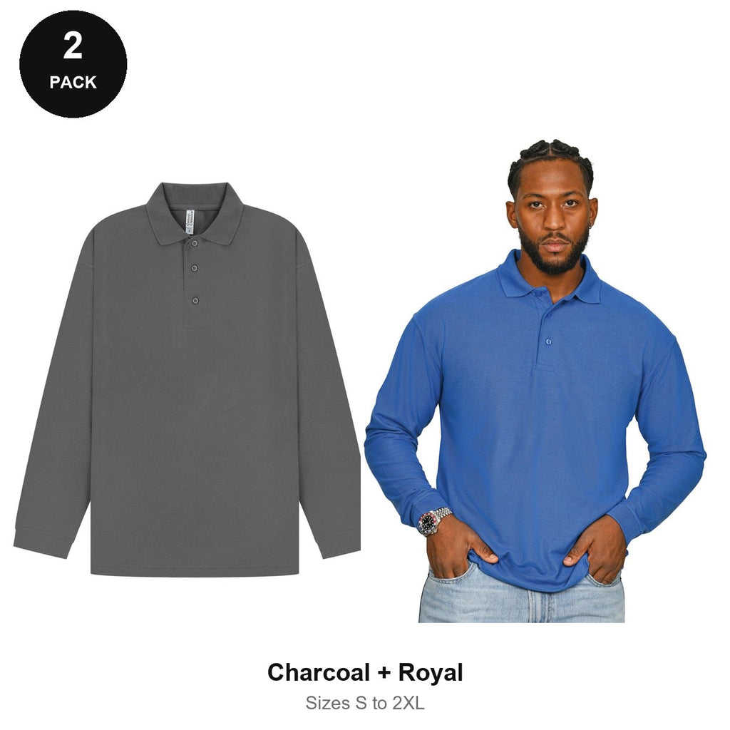 Long Sleeve Polo Shirts 2 Pack - 65% polyester / 35% cotton pique 200gsm, Sizes S-2XL - Charcoal + Royal