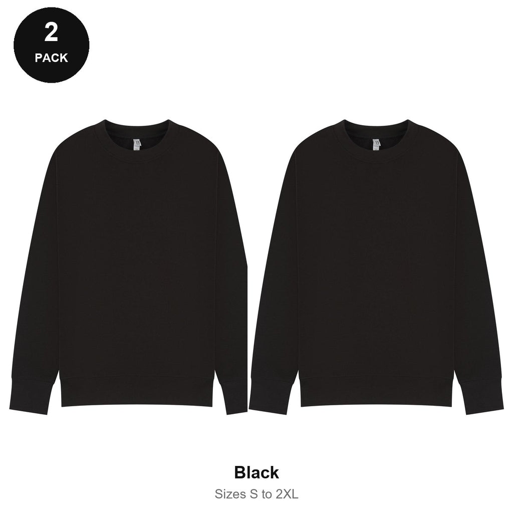 Mens Sweatshirts 2 Pack - 80% cotton / 20% polyester brushed-back fleece 280gsm, Sizes S-2XL - Black