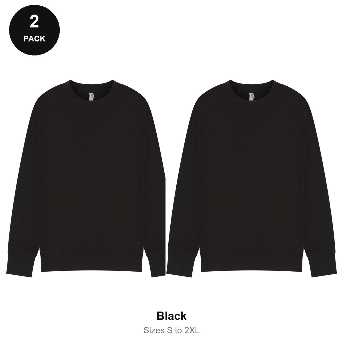 Mens Sweatshirts 2 Pack - 80% cotton / 20% polyester brushed-back fleece 280gsm, Sizes S-2XL - Black