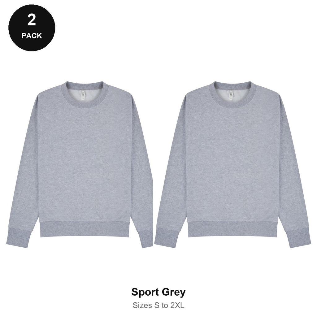 Mens Sweatshirts 2 Pack - 80% cotton / 20% polyester brushed-back fleece 280gsm, Sizes S-2XL - Sport Grey