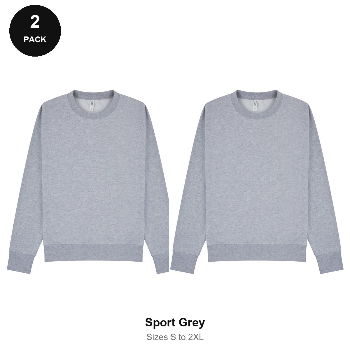 Mens Sweatshirts 2 Pack - 80% cotton / 20% polyester brushed-back fleece 280gsm, Sizes S-2XL - Sport Grey