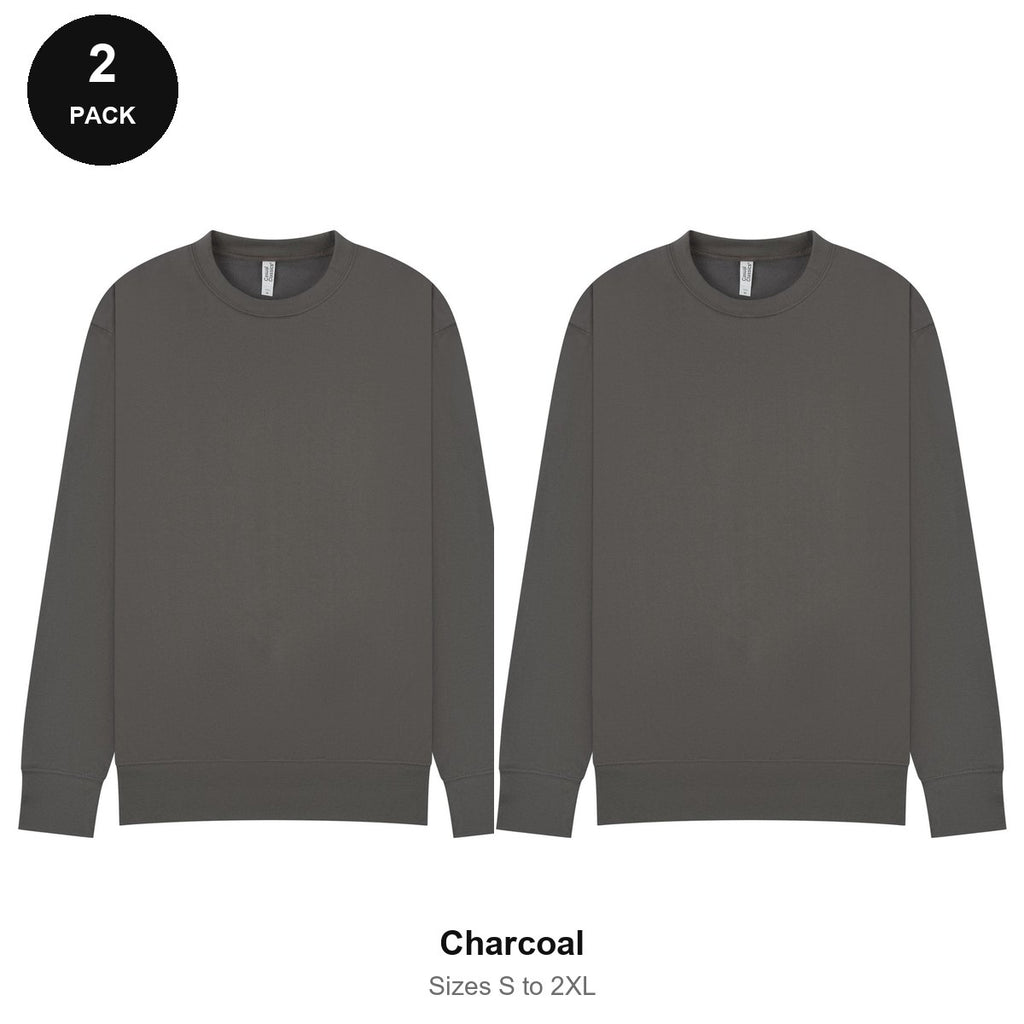 Mens Sweatshirts 2 Pack - 80% cotton / 20% polyester brushed-back fleece 280gsm, Sizes S-2XL - Charcoal