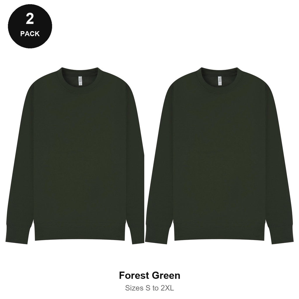 Mens Sweatshirts 2 Pack - 80% cotton / 20% polyester brushed-back fleece 280gsm, Sizes S-2XL - Forest Green