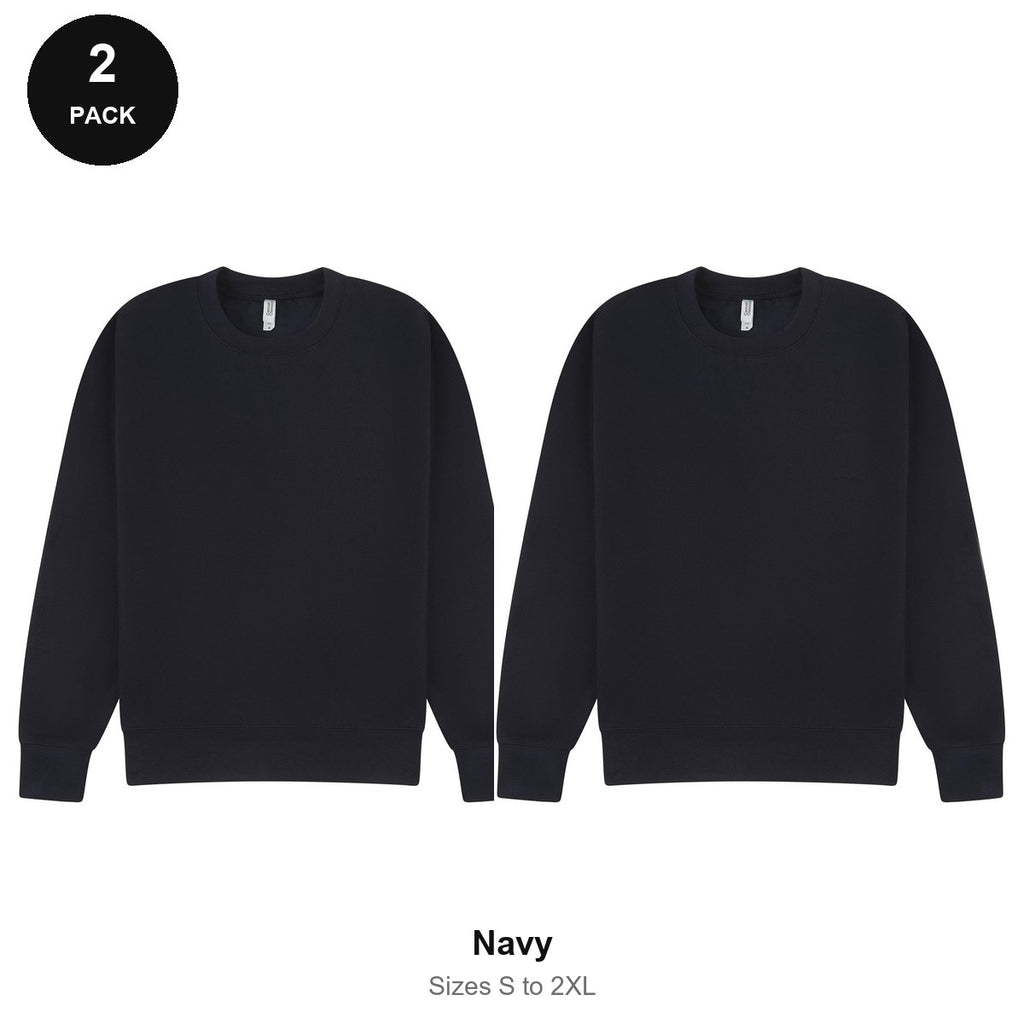Mens Sweatshirts 2 Pack - 80% cotton / 20% polyester brushed-back fleece 280gsm, Sizes S-2XL - Navy