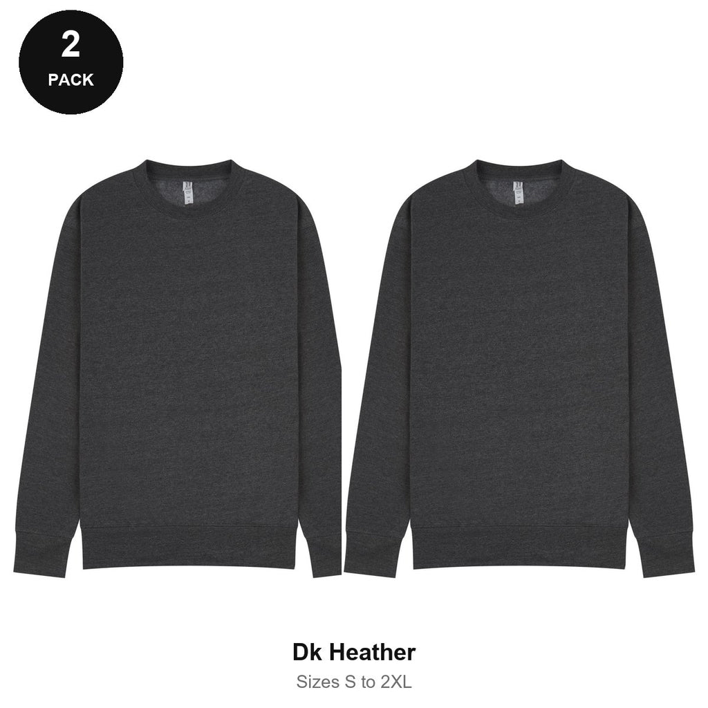 Mens Sweatshirts 2 Pack - 80% cotton / 20% polyester brushed-back fleece 280gsm, Sizes S-2XL - Dk Heather