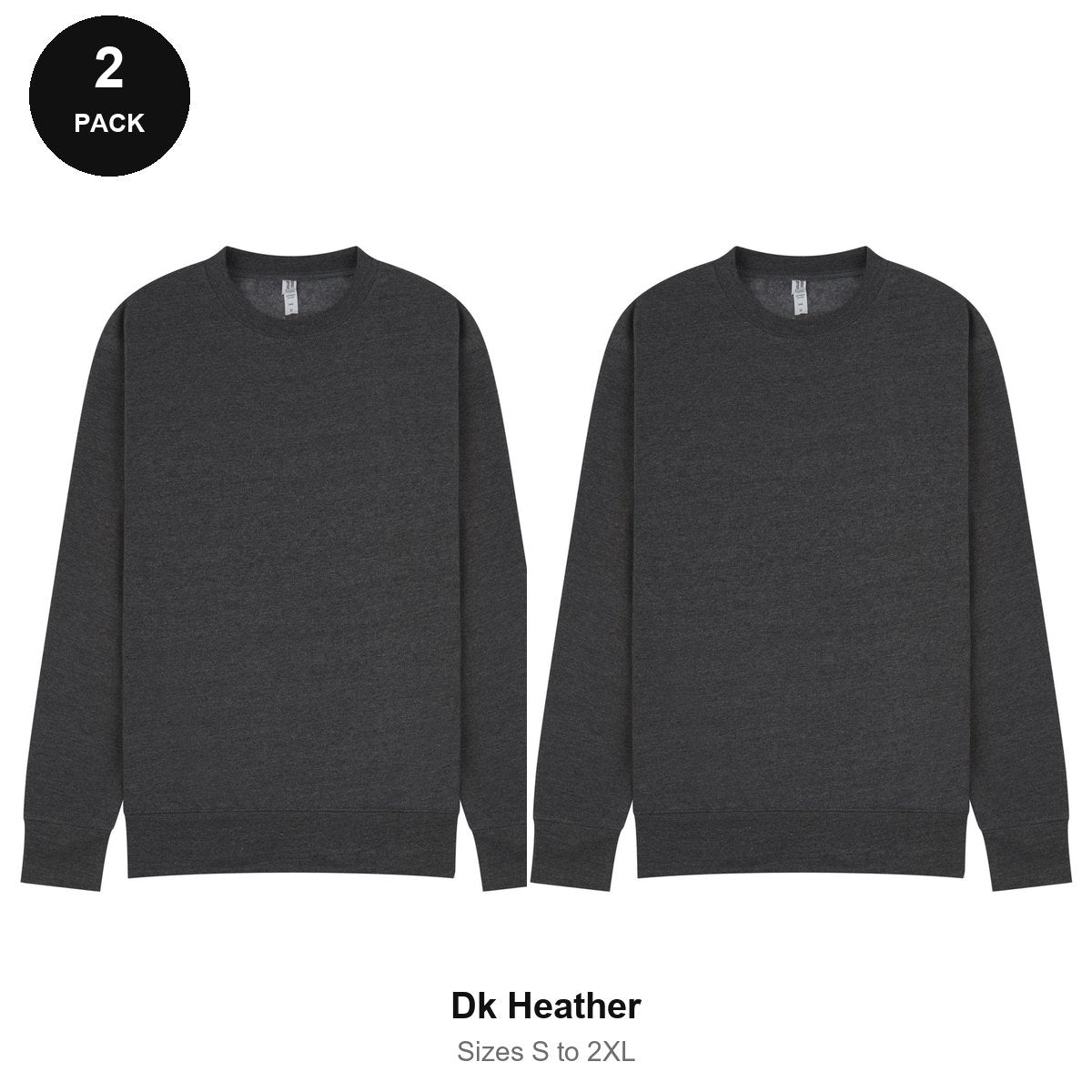 Mens Sweatshirts 2 Pack - 80% cotton / 20% polyester brushed-back fleece 280gsm, Sizes S-2XL - Dk Heather
