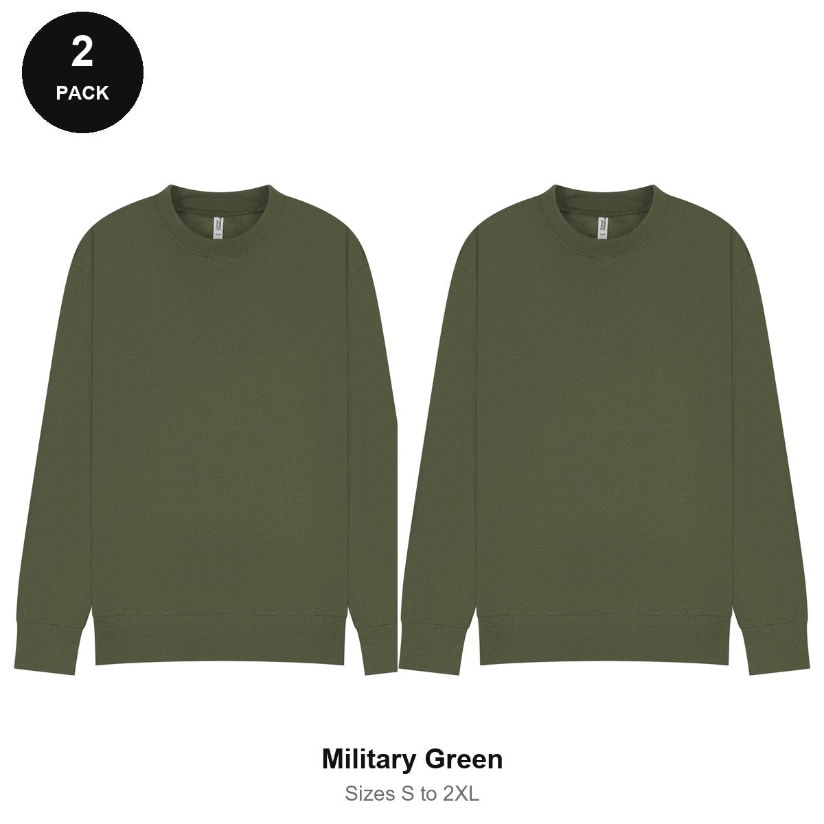 Mens Sweatshirts 2 Pack - 80% cotton / 20% polyester brushed-back fleece 280gsm, Sizes S-2XL - Military Green