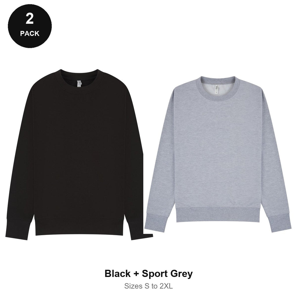 Mens Sweatshirts 2 Pack - 80% cotton / 20% polyester brushed-back fleece 280gsm, Sizes S-2XL - Black + Sport Grey