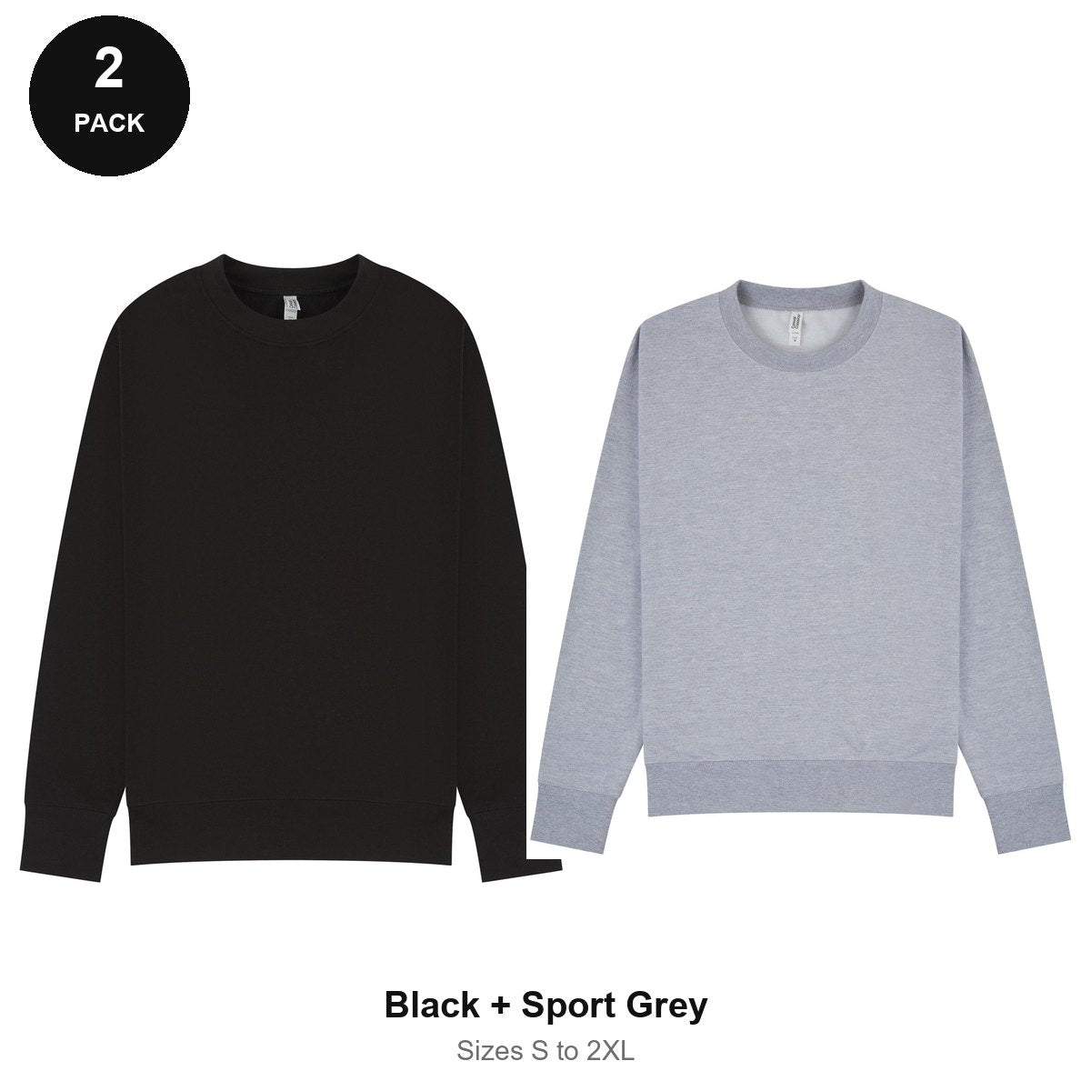 Mens Sweatshirts 2 Pack - 80% cotton / 20% polyester brushed-back fleece 280gsm, Sizes S-2XL - Black + Sport Grey