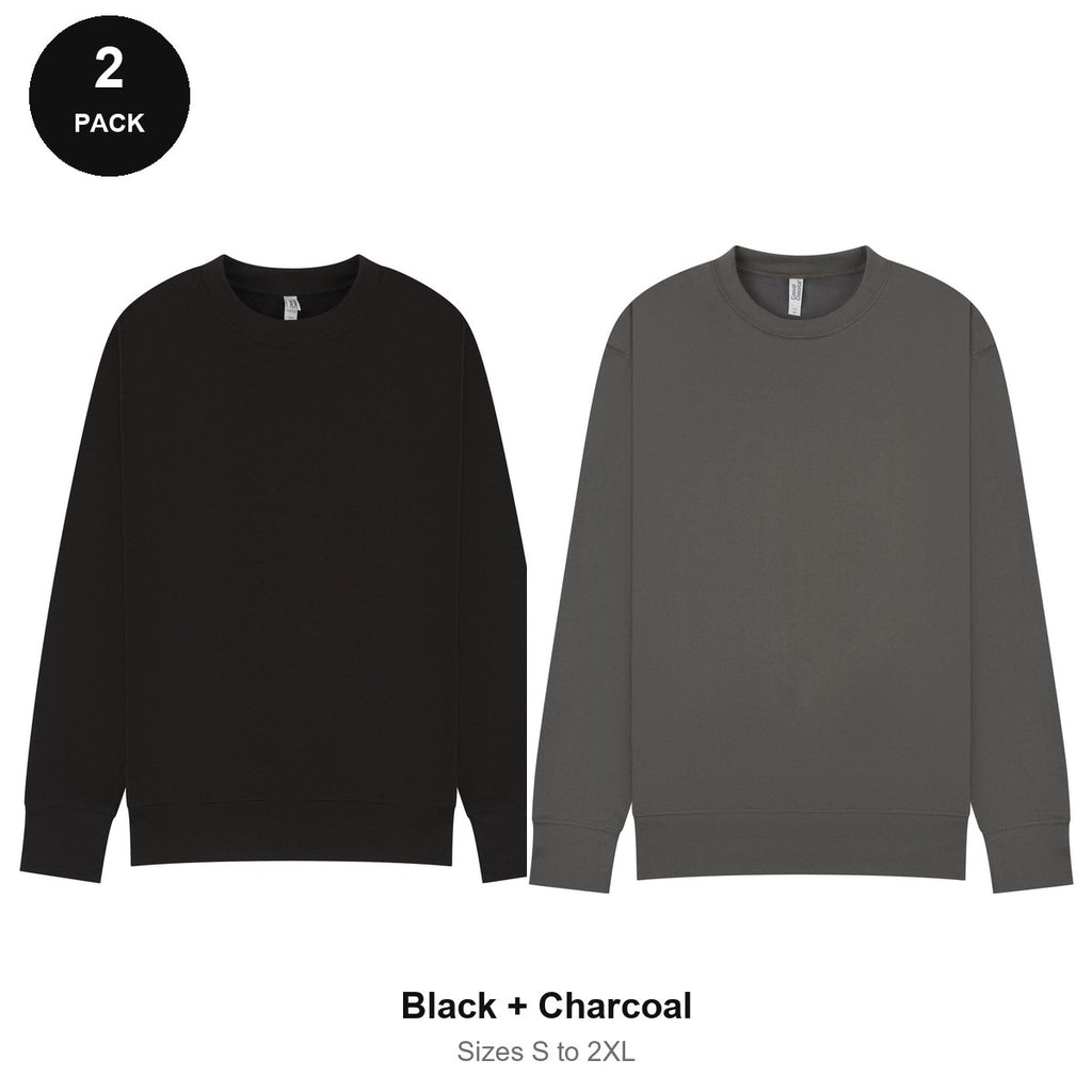 Mens Sweatshirts 2 Pack - 80% cotton / 20% polyester brushed-back fleece 280gsm, Sizes S-2XL - Black + Charcoal