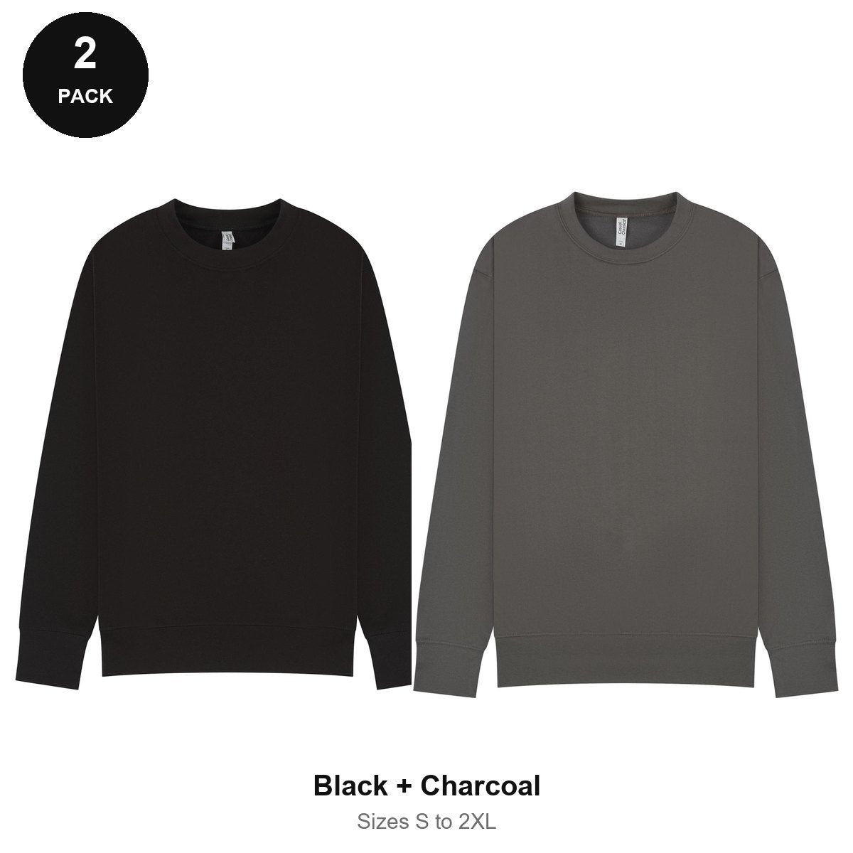 Mens Sweatshirts 2 Pack - 80% cotton / 20% polyester brushed-back fleece 280gsm, Sizes S-2XL - Black + Charcoal