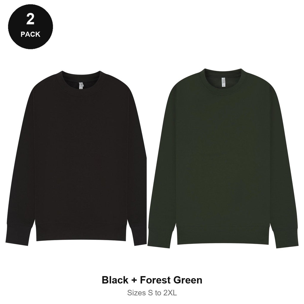 Mens Sweatshirts 2 Pack - 80% cotton / 20% polyester brushed-back fleece 280gsm, Sizes S-2XL - Black + Forest Green