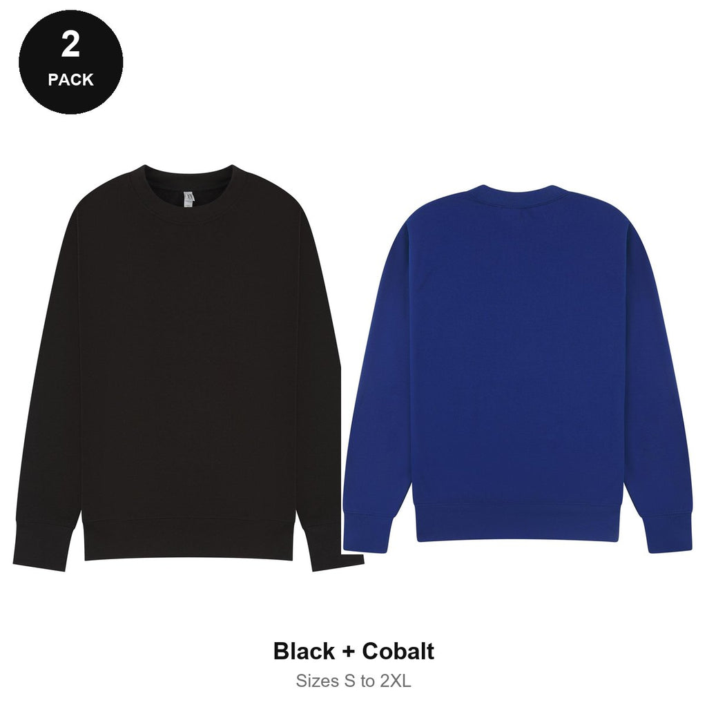 Mens Sweatshirts 2 Pack - 80% cotton / 20% polyester brushed-back fleece 280gsm, Sizes S-2XL - Black + Cobalt