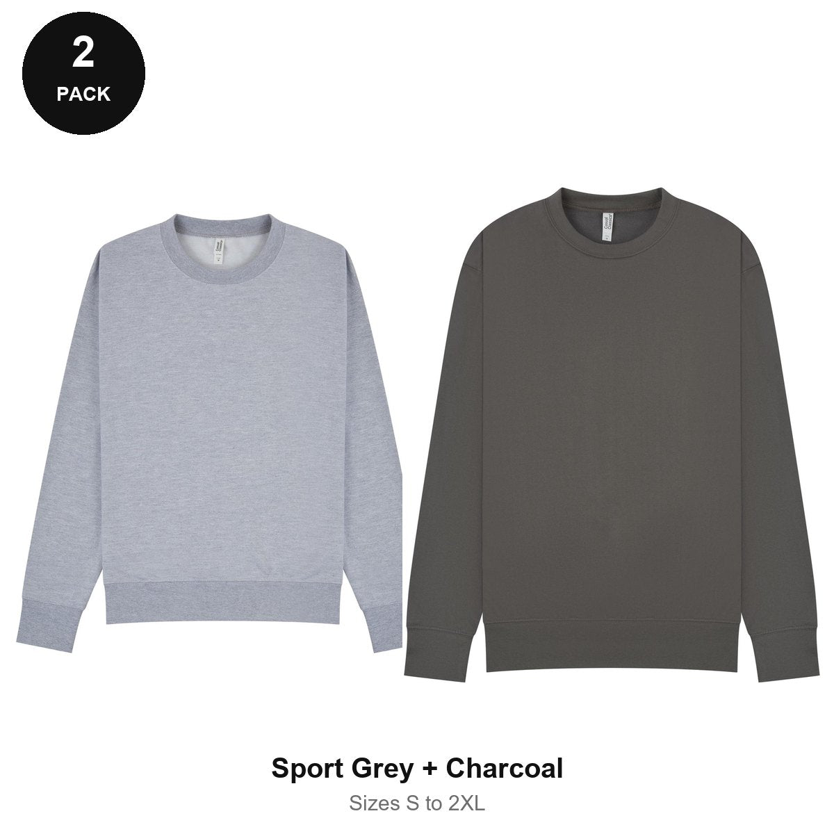 Mens Sweatshirts 2 Pack - 80% cotton / 20% polyester brushed-back fleece 280gsm, Sizes S-2XL - Sport Grey + Charcoal
