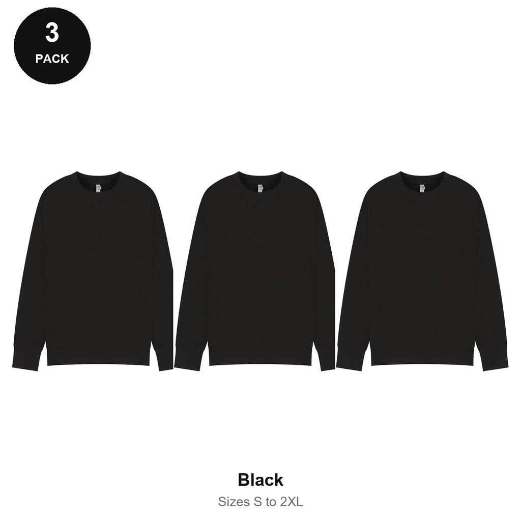 Mens Sweatshirts 3 Pack - 80% cotton / 20% polyester brushed-back fleece 280gsm, Sizes S-2XL - Black