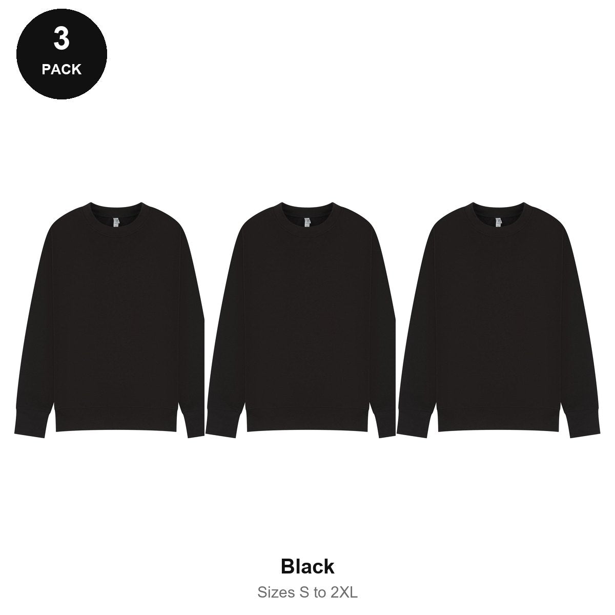 Mens Sweatshirts 3 Pack - 80% cotton / 20% polyester brushed-back fleece 280gsm, Sizes S-2XL - Black