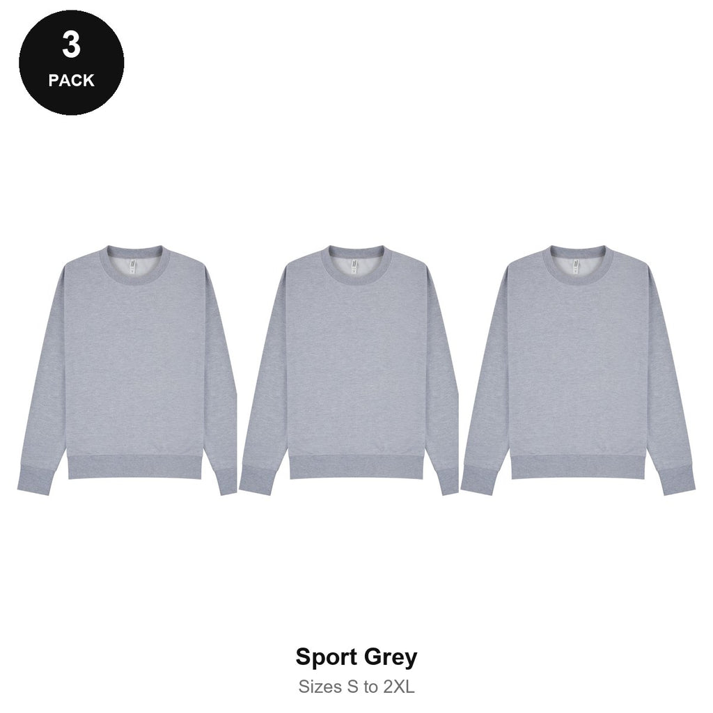 Mens Sweatshirts 3 Pack - 80% cotton / 20% polyester brushed-back fleece 280gsm, Sizes S-2XL - Sport Grey