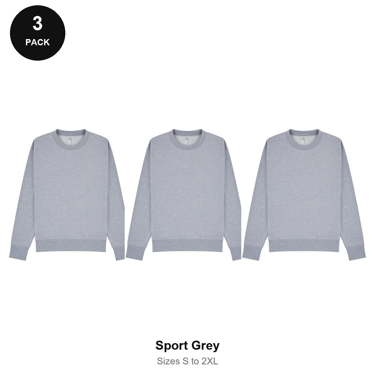Mens Sweatshirts 3 Pack - 80% cotton / 20% polyester brushed-back fleece 280gsm, Sizes S-2XL - Sport Grey
