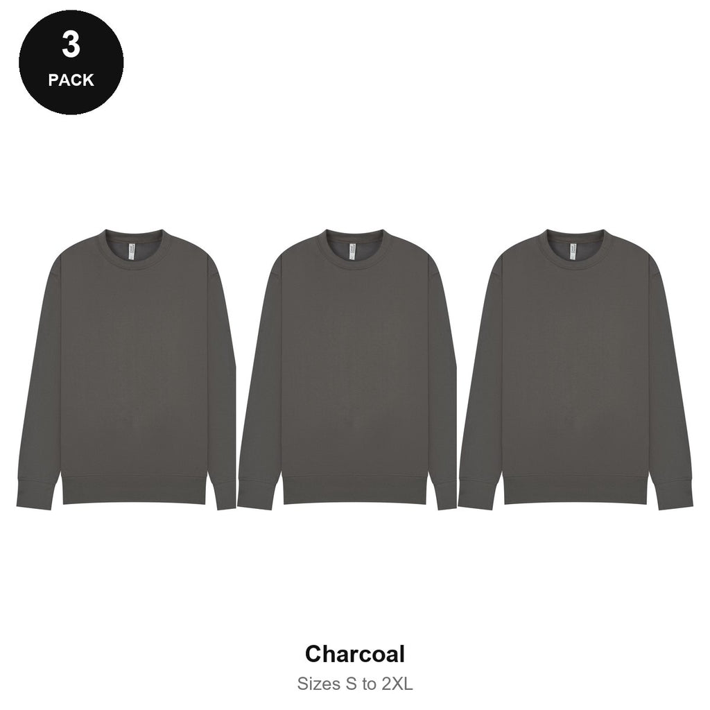 Mens Sweatshirts 3 Pack - 80% cotton / 20% polyester brushed-back fleece 280gsm, Sizes S-2XL - Charcoal