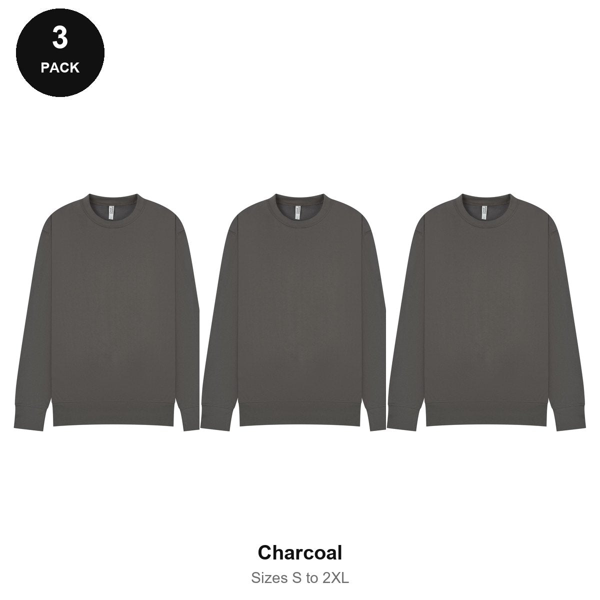 Mens Sweatshirts 3 Pack - 80% cotton / 20% polyester brushed-back fleece 280gsm, Sizes S-2XL - Charcoal