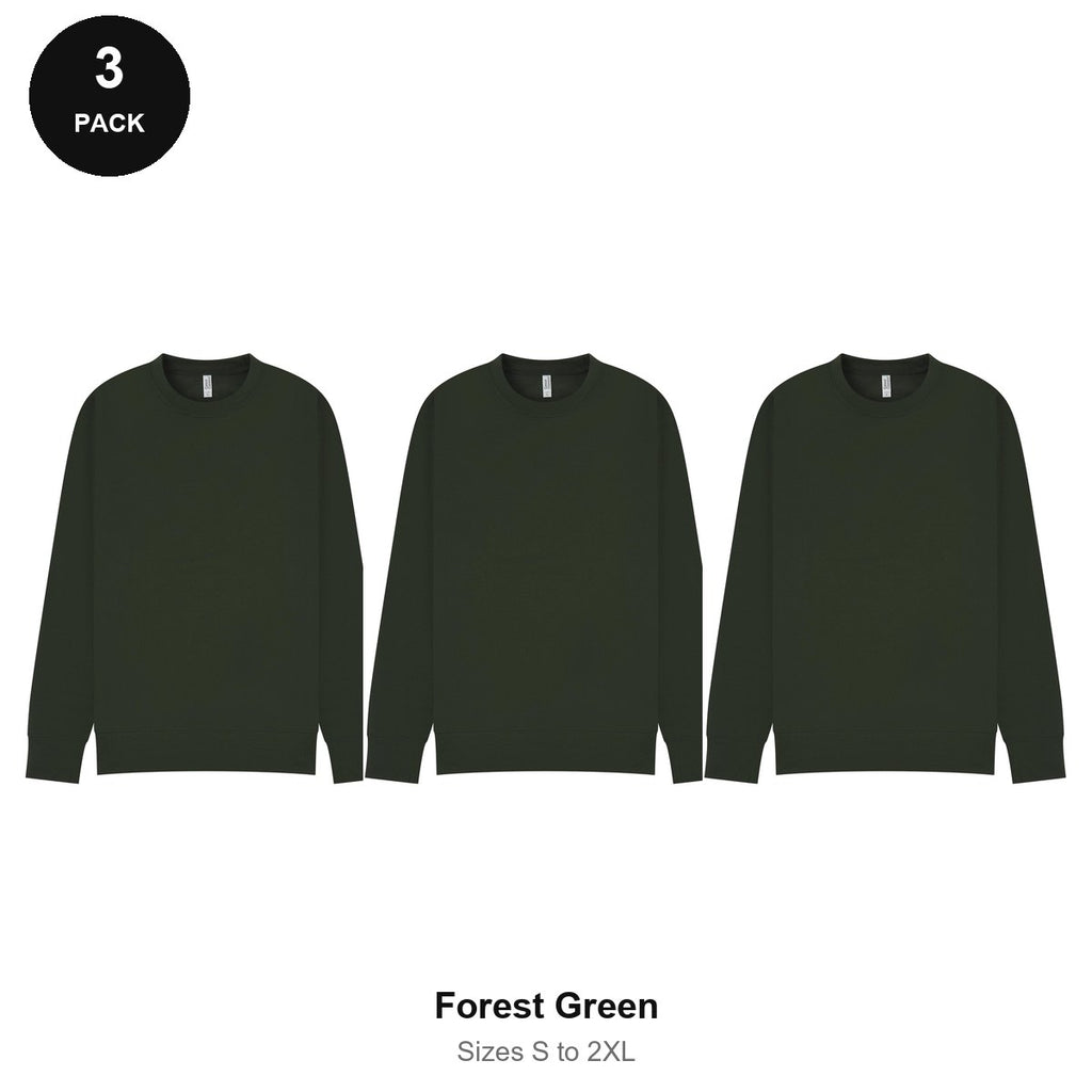 Mens Sweatshirts 3 Pack - 80% cotton / 20% polyester brushed-back fleece 280gsm, Sizes S-2XL - Forest Green