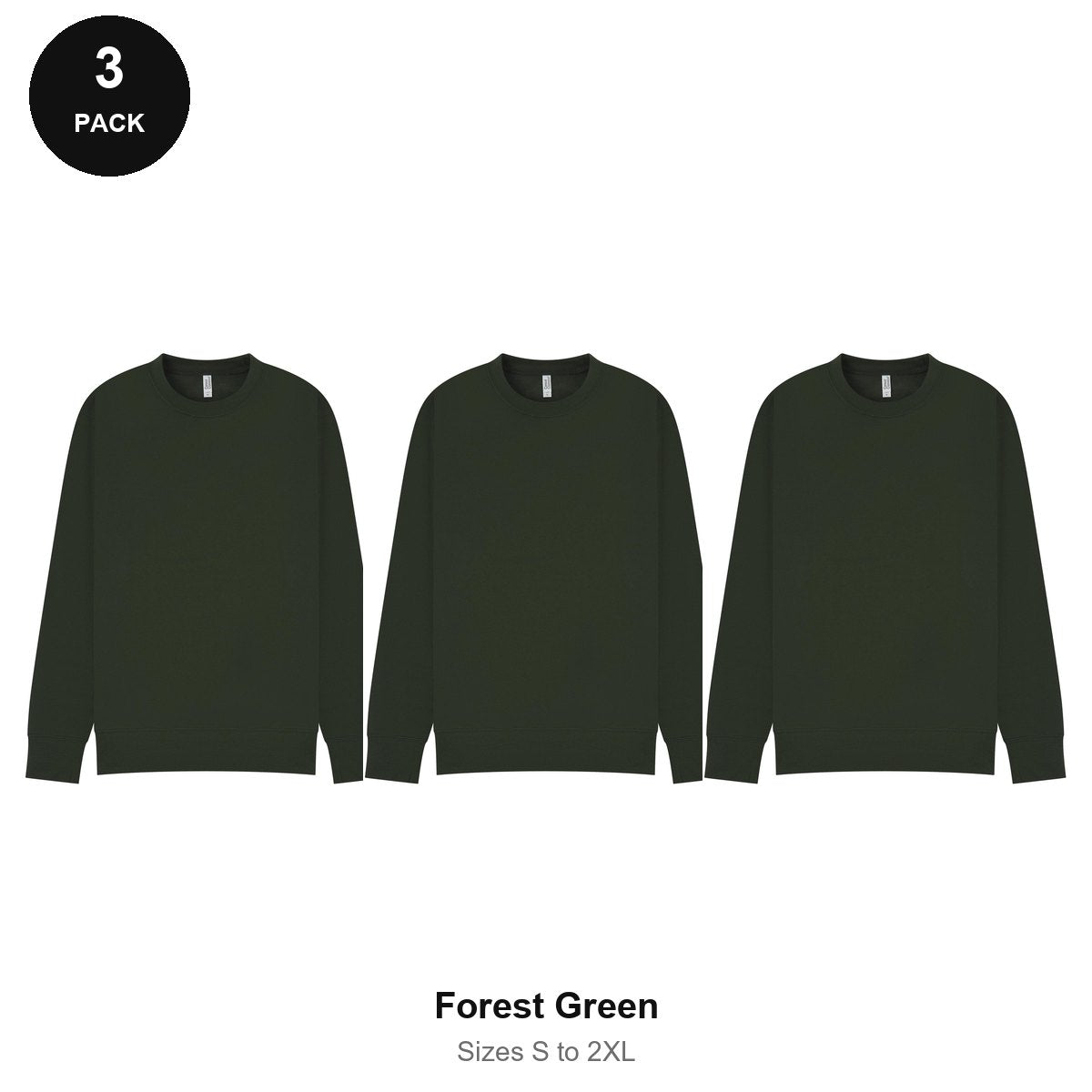 Mens Sweatshirts 3 Pack - 80% cotton / 20% polyester brushed-back fleece 280gsm, Sizes S-2XL - Forest Green