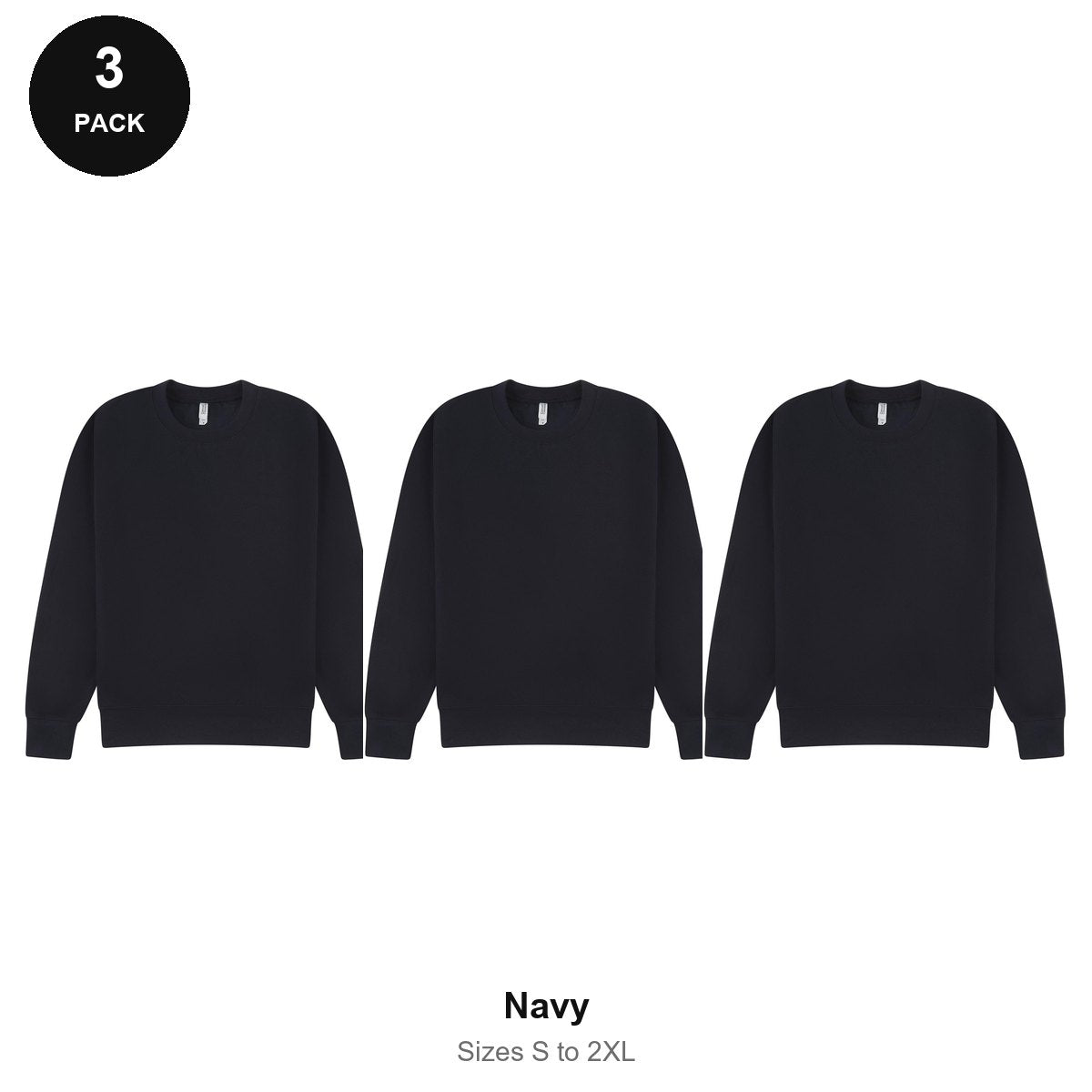 Mens Sweatshirts 3 Pack - 80% cotton / 20% polyester brushed-back fleece 280gsm, Sizes S-2XL - Navy