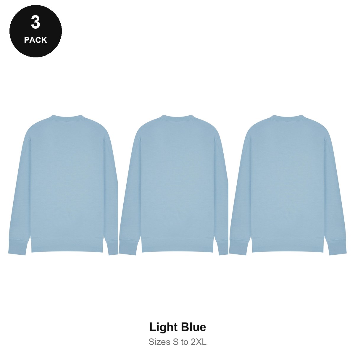 Mens Sweatshirts 3 Pack - 80% cotton / 20% polyester brushed-back fleece 280gsm, Sizes S-2XL - Light Blue
