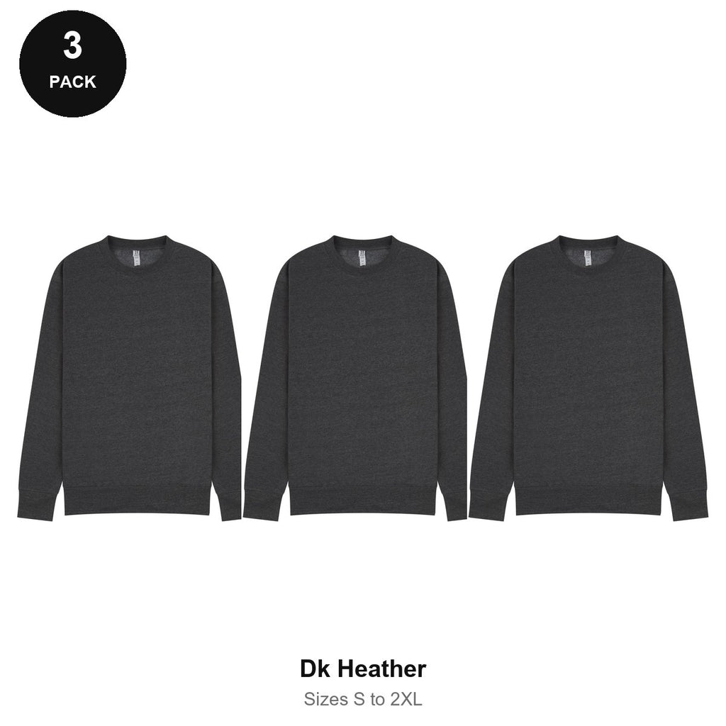 Mens Sweatshirts 3 Pack - 80% cotton / 20% polyester brushed-back fleece 280gsm, Sizes S-2XL - Dk Heather