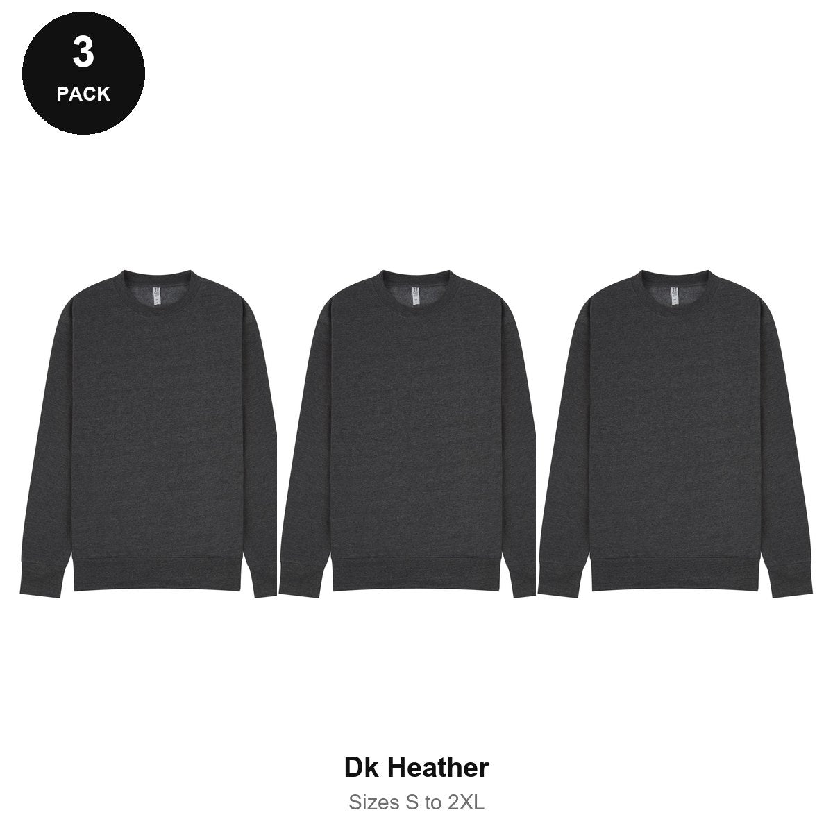 Mens Sweatshirts 3 Pack - 80% cotton / 20% polyester brushed-back fleece 280gsm, Sizes S-2XL - Dk Heather