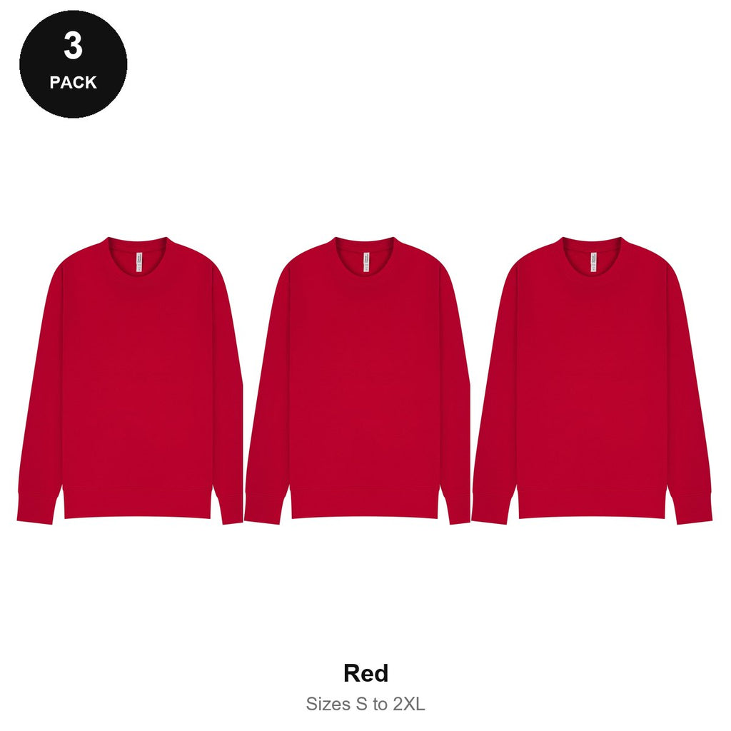 Mens Sweatshirts 3 Pack - 80% cotton / 20% polyester brushed-back fleece 280gsm, Sizes S-2XL - Red
