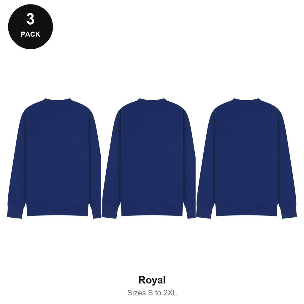 Mens Sweatshirts 3 Pack - 80% cotton / 20% polyester brushed-back fleece 280gsm, Sizes S-2XL - Royal
