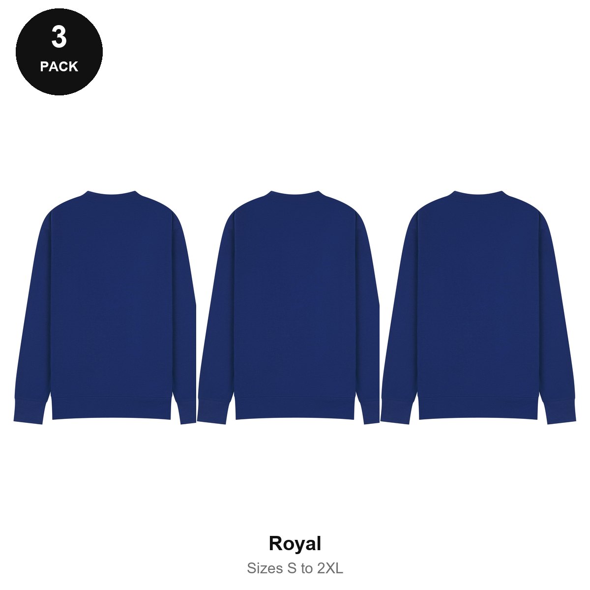 Mens Sweatshirts 3 Pack - 80% cotton / 20% polyester brushed-back fleece 280gsm, Sizes S-2XL - Royal