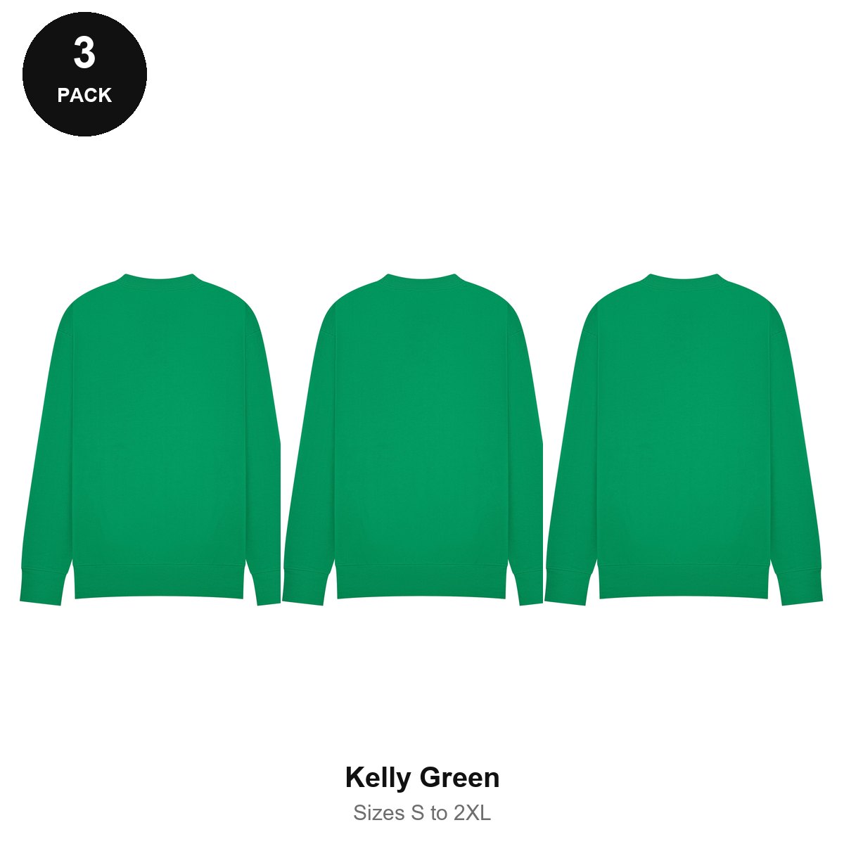 Mens Sweatshirts 3 Pack - 80% cotton / 20% polyester brushed-back fleece 280gsm, Sizes S-2XL - Kelly Green