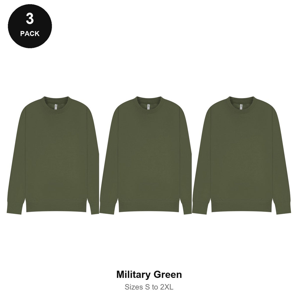 Mens Sweatshirts 3 Pack - 80% cotton / 20% polyester brushed-back fleece 280gsm, Sizes S-2XL - Military Green