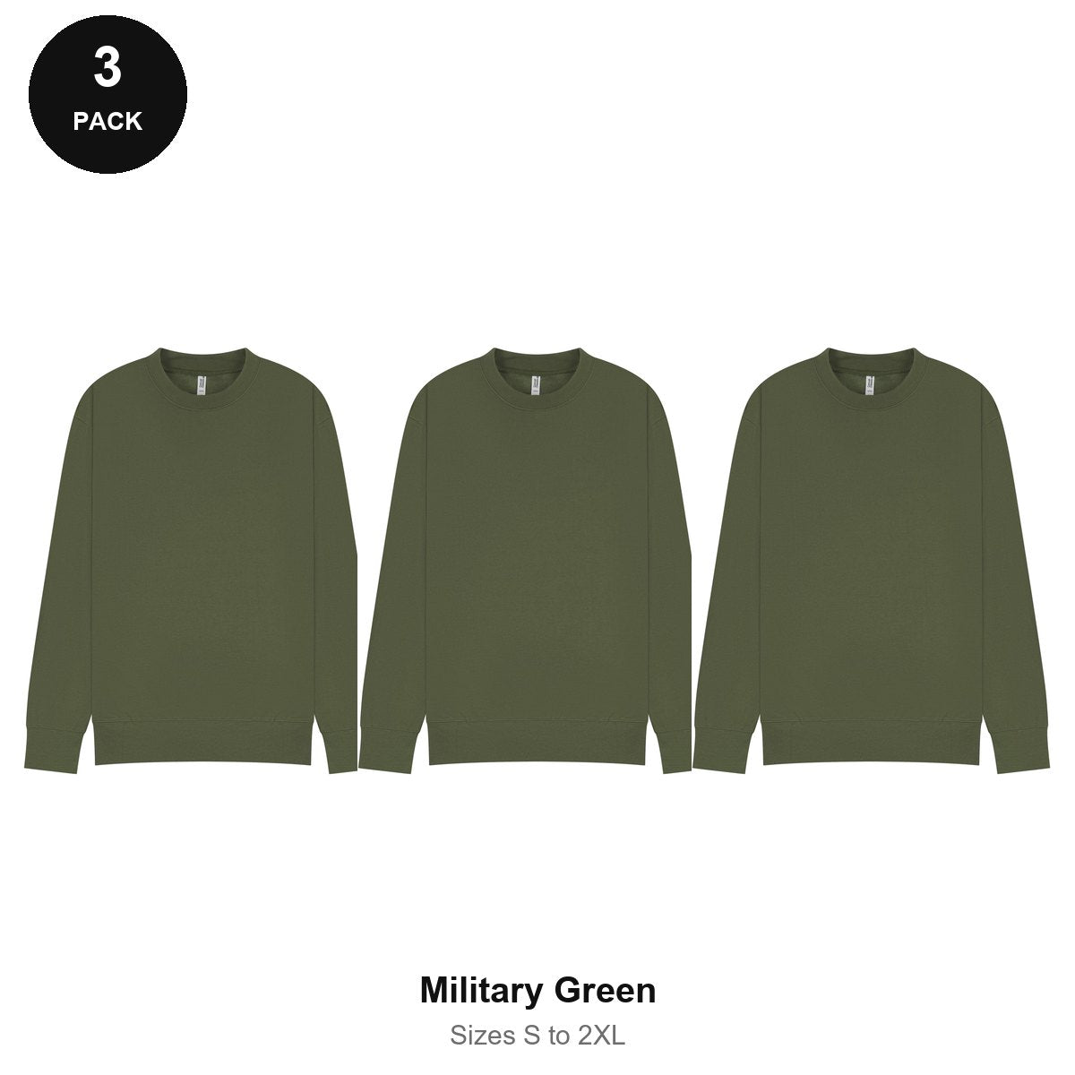 Mens Sweatshirts 3 Pack - 80% cotton / 20% polyester brushed-back fleece 280gsm, Sizes S-2XL - Military Green