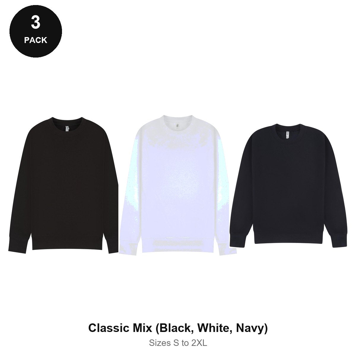 Mens Sweatshirts 3 Pack - 80% cotton / 20% polyester brushed-back fleece 280gsm, Sizes S-2XL - Classic Mix (Black, White, Navy)