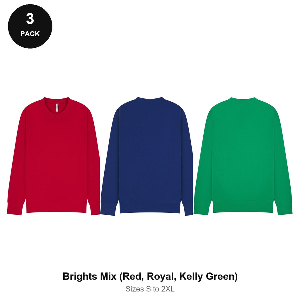 Mens Sweatshirts 3 Pack - 80% cotton / 20% polyester brushed-back fleece 280gsm, Sizes S-2XL - Brights Mix (Red, Royal, Kelly Green)