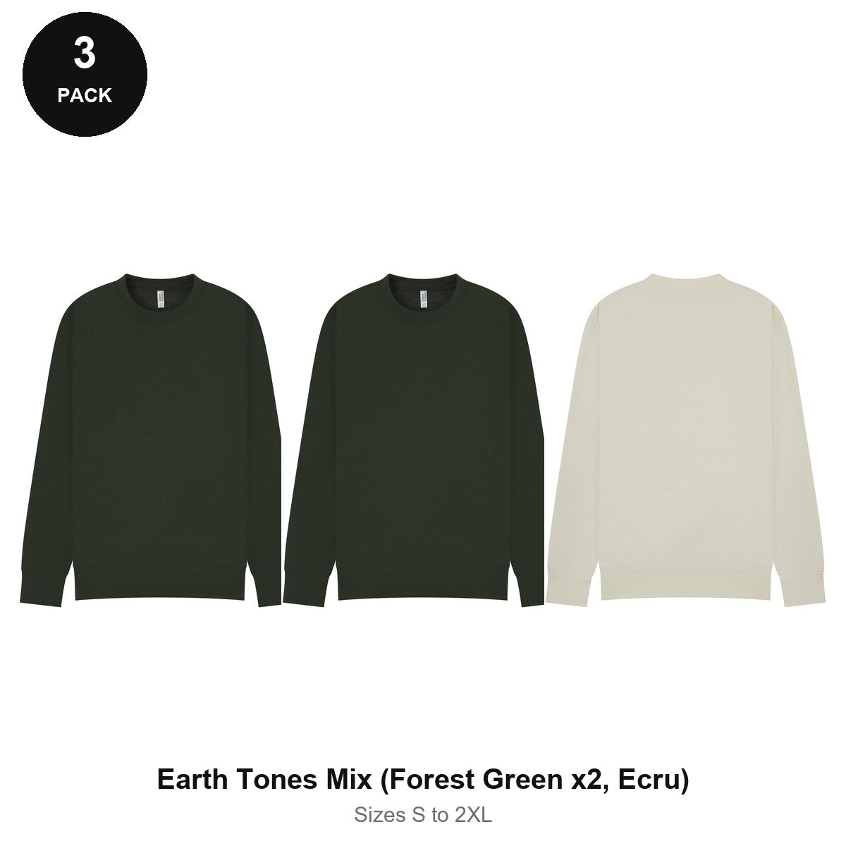 Mens Sweatshirts 3 Pack - 80% cotton / 20% polyester brushed-back fleece 280gsm, Sizes S-2XL - Earth Tones Mix (Forest Green x2, Ecru)
