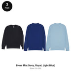 Mens Sweatshirts 3 Pack - 80% cotton / 20% polyester brushed-back fleece 280gsm, Sizes S-2XL - Blues Mix (Navy, Royal, Light Blue)