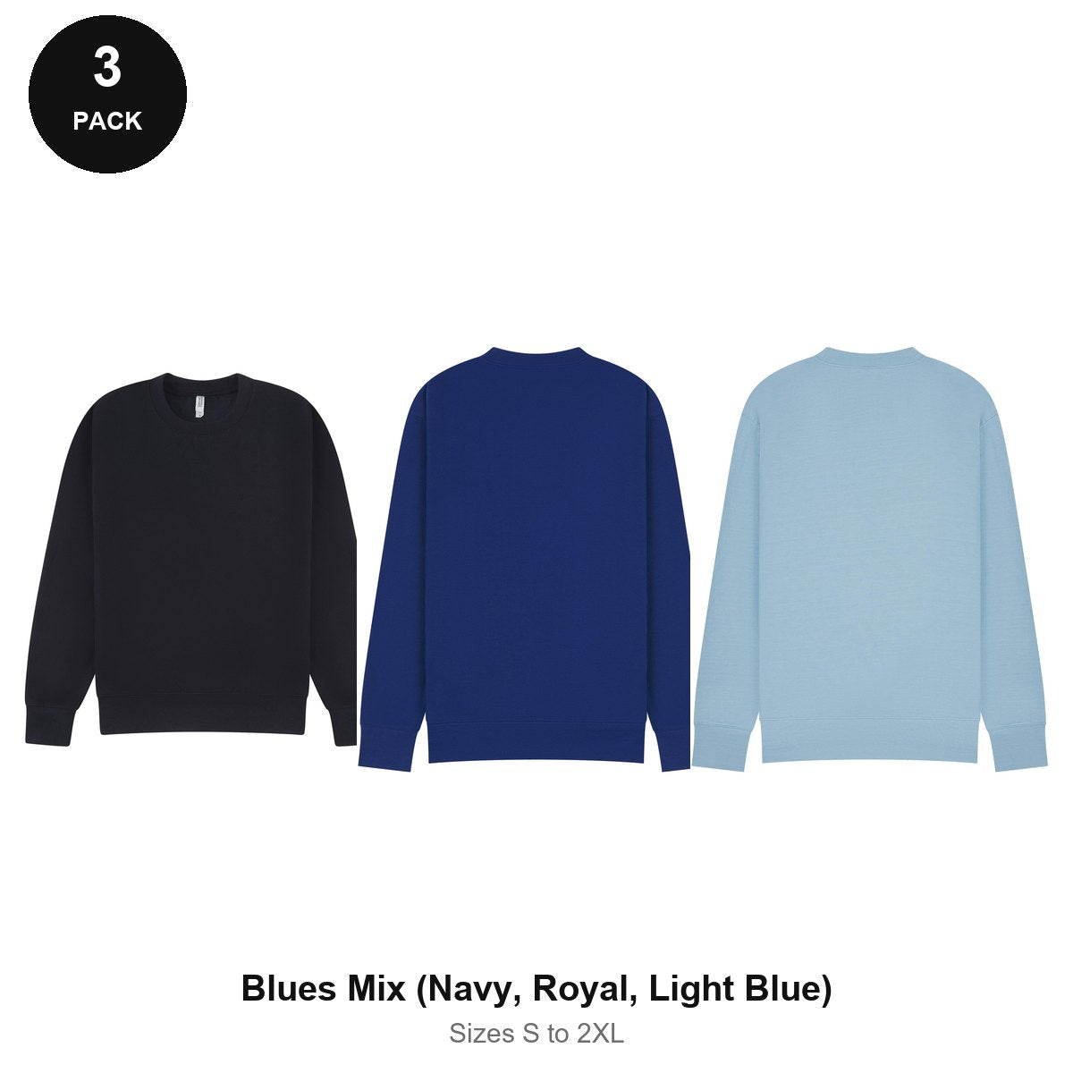 Mens Sweatshirts 3 Pack - 80% cotton / 20% polyester brushed-back fleece 280gsm, Sizes S-2XL - Blues Mix (Navy, Royal, Light Blue)