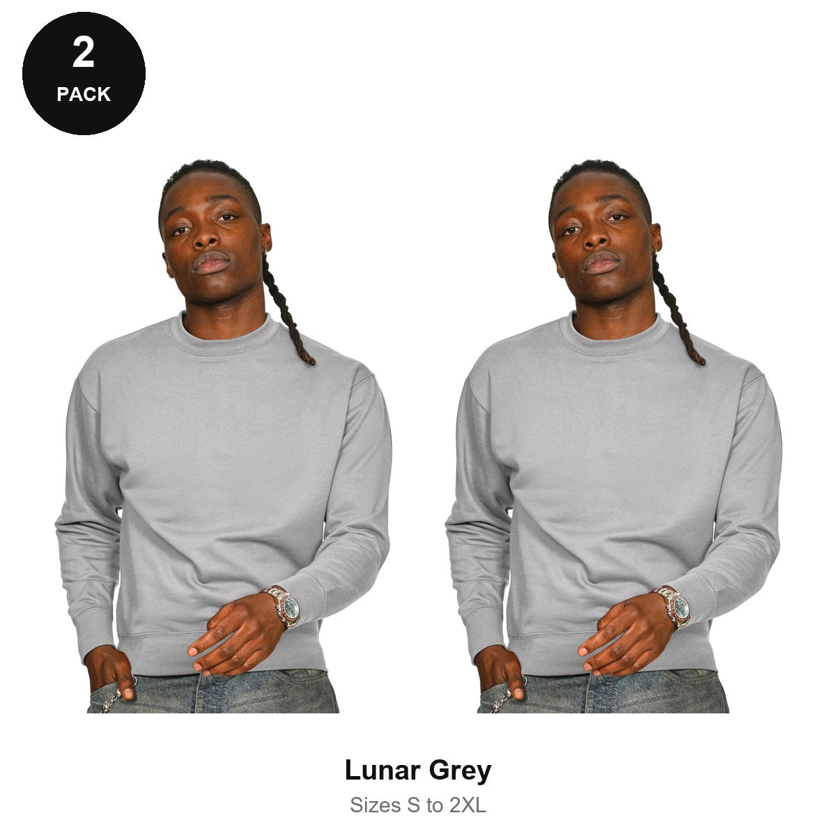 Sweatshirts 2 Pack - 80% cotton / 20% polyester brushed-back fleece 280gsm, Sizes S-2XL - Lunar Grey